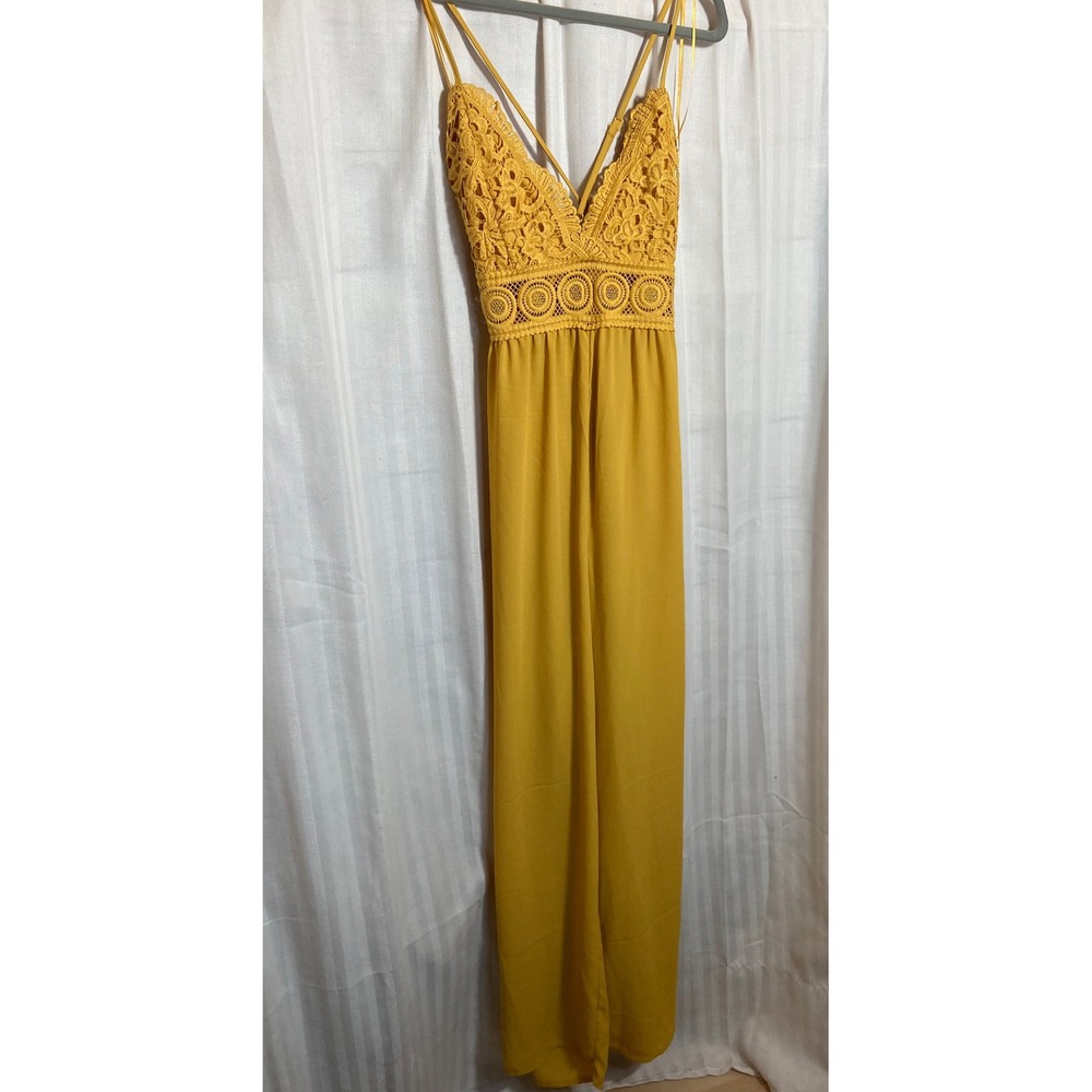 Blashe Mustard Yellow Lace Trimmed Maxi Jumpsuit Boho Festival S Bohemian Summer